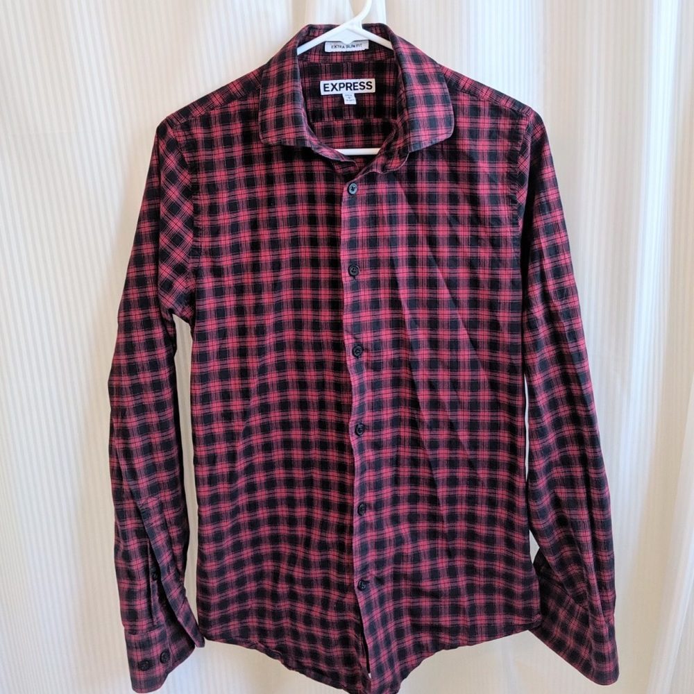 Express Plaid Ultra Slim Fit Button Down Blouse